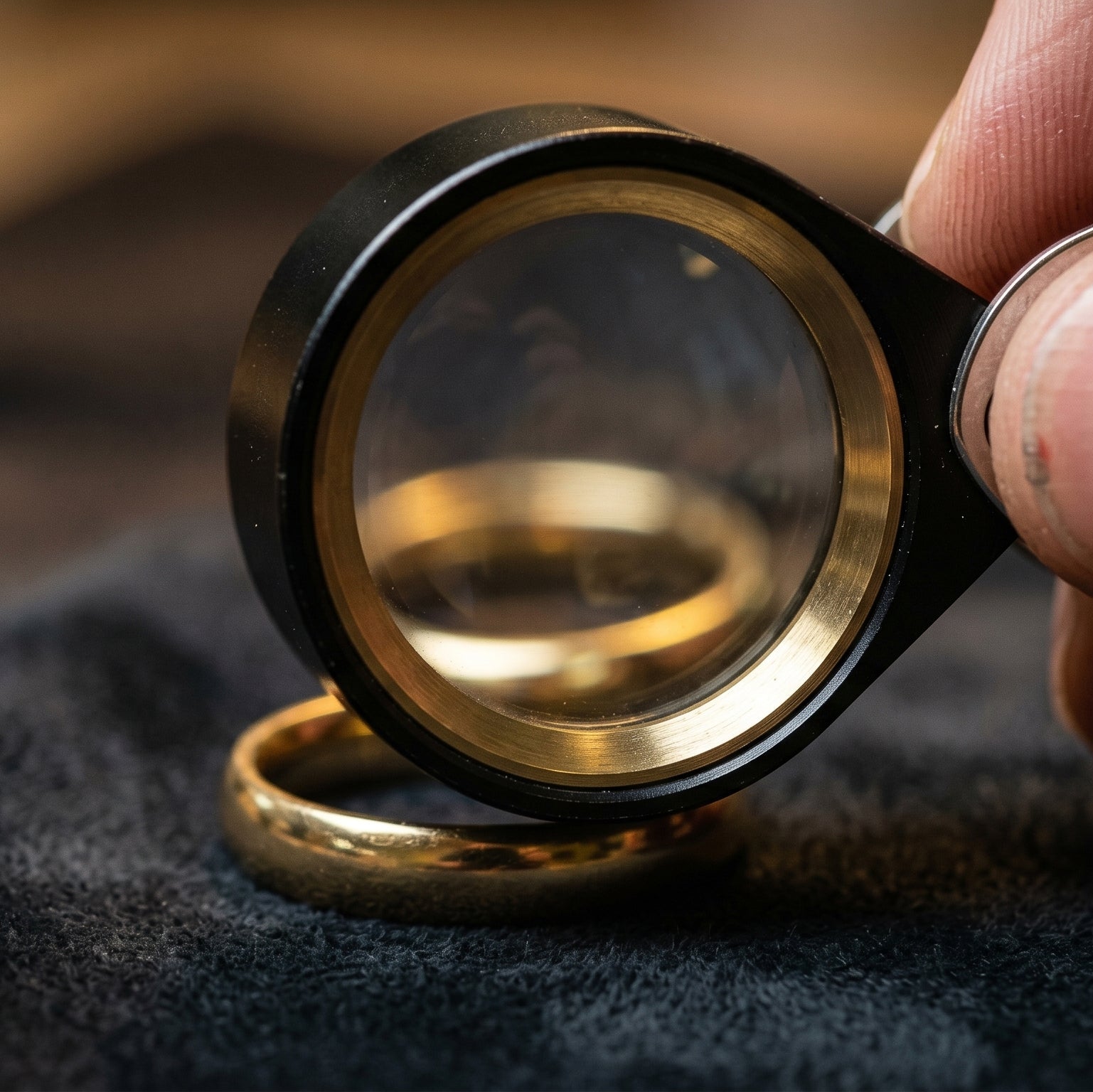 photo macro d'une loupe de bijoutier expertisant une alliance en or
